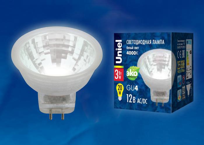 Лампа Uniel LED-MR11-3W/NW/GU4  GLZ21TR  12V, бел.,  UL-00001701
