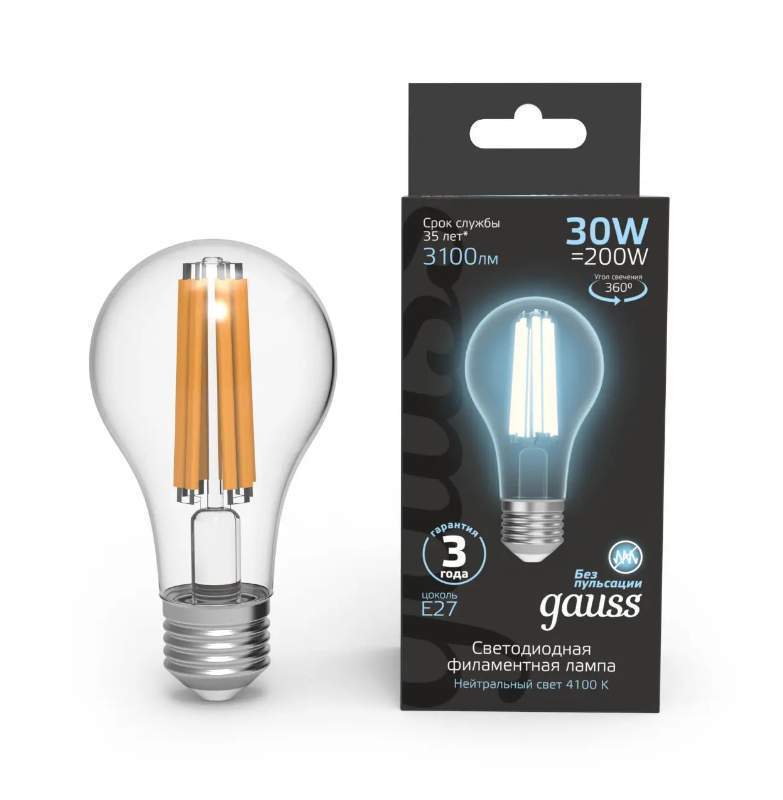 Лампа Gauss LED Filament A70 30W 3100lm 4100K E27  102902230