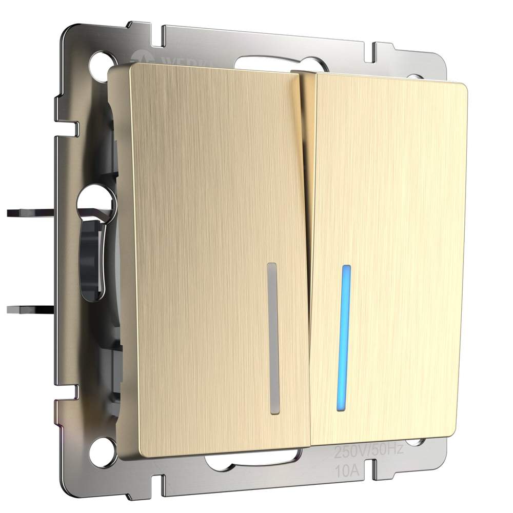 Выкл.  Frame 2-кл. проходной с подсв.  шампань рифленый  WL10-SW-2G-2W-LED  -  W1122110