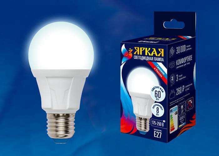 Лампа Uniel Palazzo LED-A60-8W/NW/E27/FR PLP01WH  белый свет UL-00001523