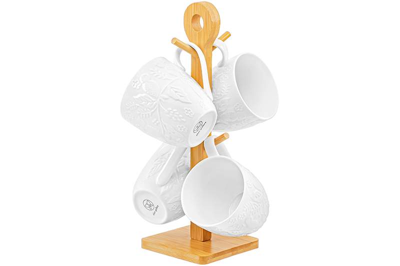 ELAN GALLERY Птички на ветке Набор кружек 950324 4шт 350мл на деревянной подставке