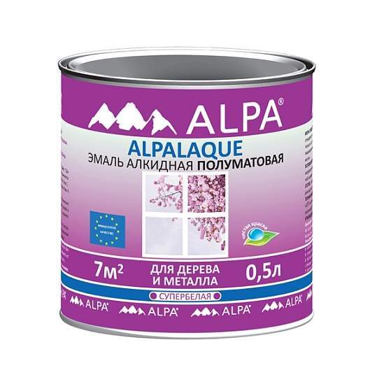 Эмаль Alpa алкидная ALPALAQUE супербелая полуматовая для дерева и металла 0,5л