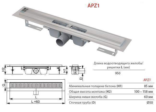 Водоотводящий желоб APZ1-950  с порогами + перф.решетка LINE 950-Lгориз.сток