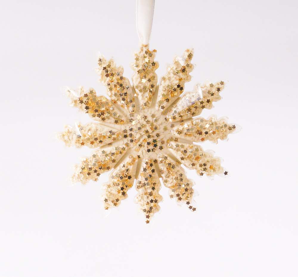 Украшение новогоднее СНЕЖИНКА 12 лучиков бежевая с золотом 11см