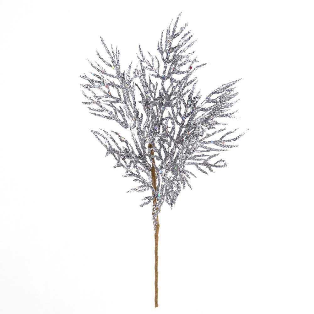 DECOLINE Ветка декоративная HY1991-Y1478 Туя с глиттером 27см серебро 