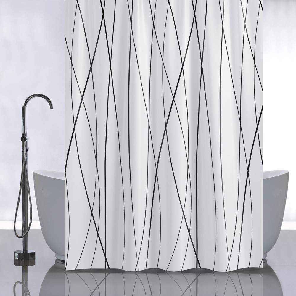 Штора д/ванной без колец 01-96  ЧЕРНЫЕ ЛИНИИ на БЕЛОМ ФОНЕ Санакс