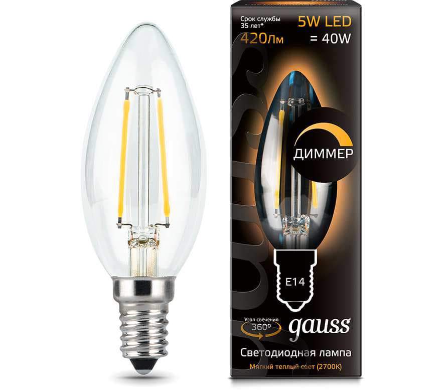 Лампа Gauss LED Filament Candle dimmable 5W E14  2700K  103801105-D