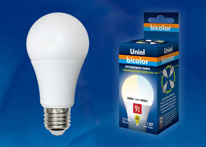 Лампа Uniel Bicolor LED-A60-9W/WW + NW/E27/FR  PLB01WH  UL-00001569