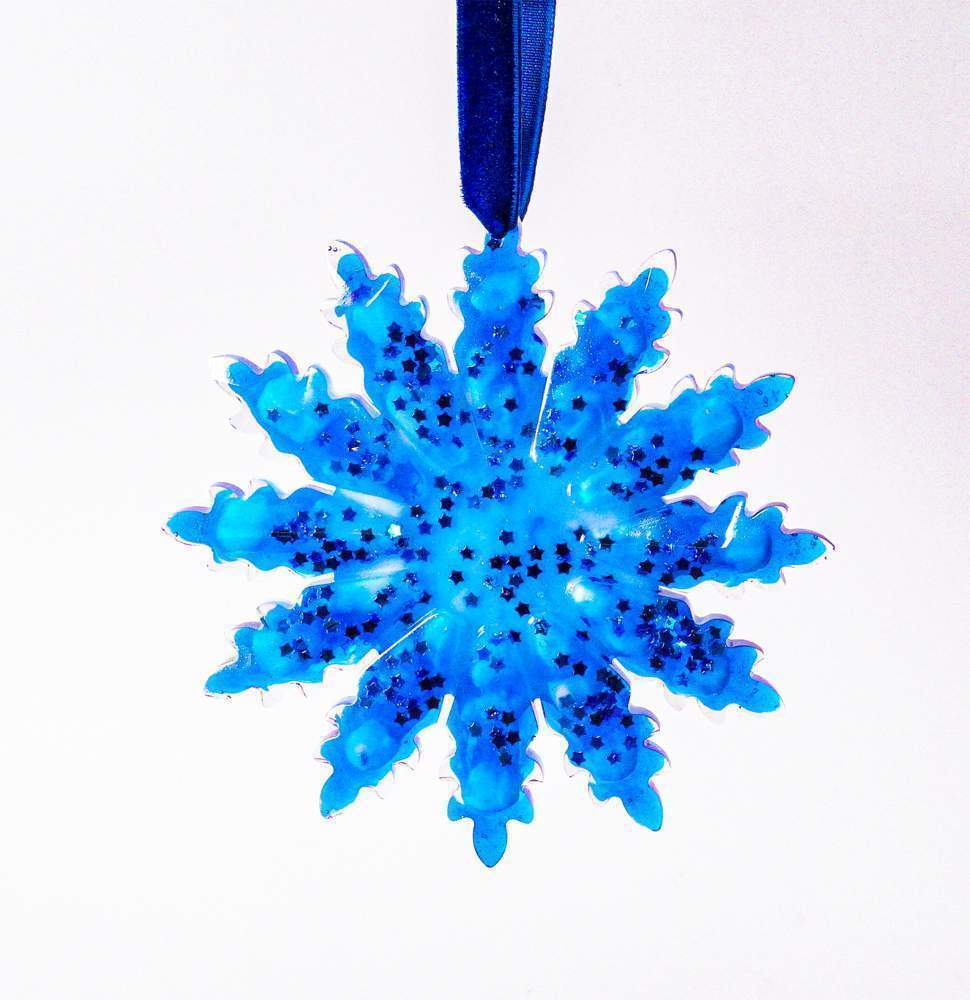 Украшение новогоднее СНЕЖИНКА 12 лучиков синяя с синими блестками 11см