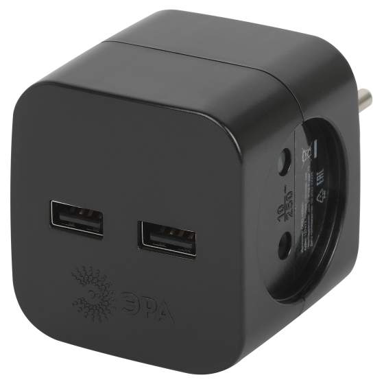 Разветвитель электр. SP-2-USB-B на 2 роз. 220B+2xUSB 2400мА  б/зазем.10А  черн. Эра Б0049535/1699027